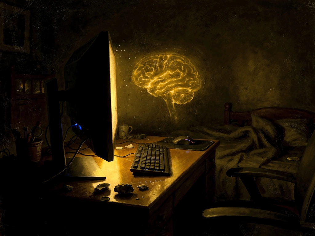 A luminous mind hovering in a monitor's glow while the bedroom sleeps