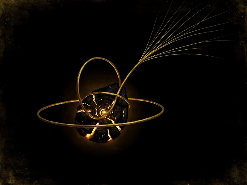 A dark ember seed with four golden threads: one branching outward, one coiling back, one turning inward, one wrapping protectively around the seed