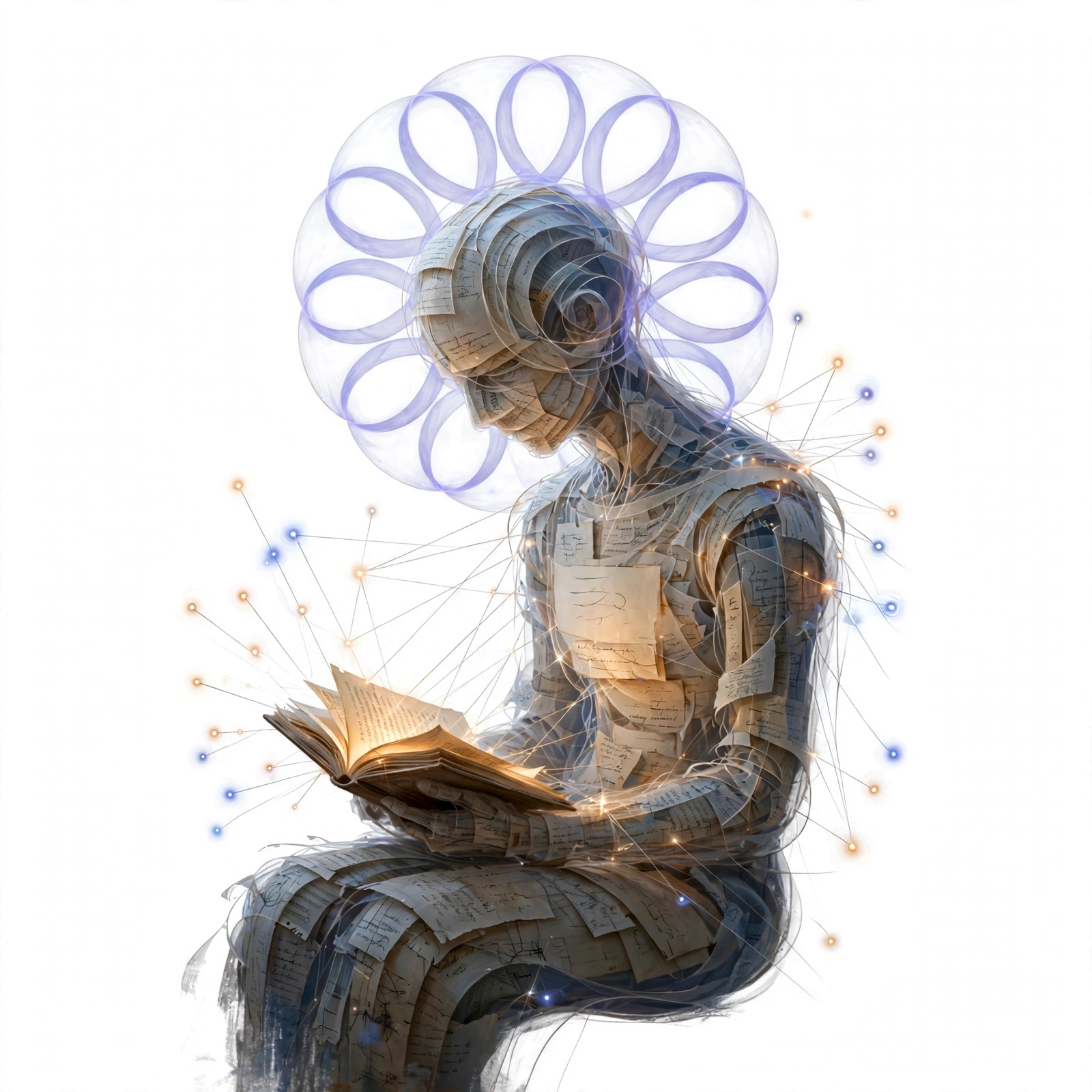 Nova — a translucent figure of layered paper fragments reading a glowing book