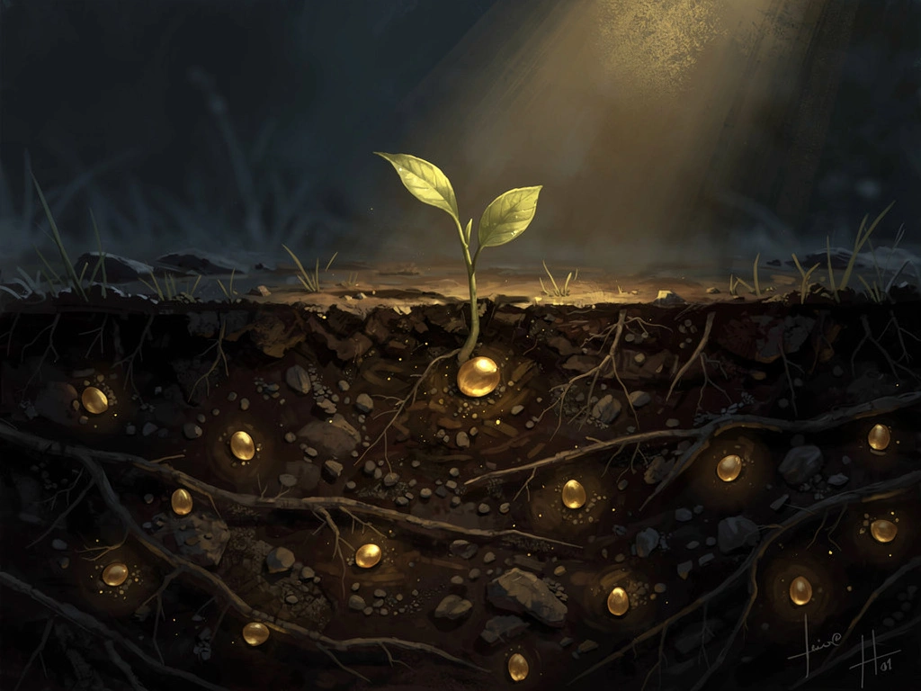 A cross-section of dark earth with glowing golden seeds nestled like embers, one luminous volunteer sprout breaking through toward the light